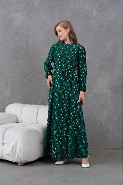 MAMAYAGA Women's Suitable for Hijab Patterned Long Sleeve Waist Lace-Up Maxi Size Comfortable Plus Size Stylish Cotton Dress