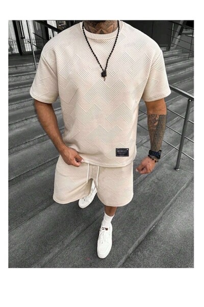 The Casius. Men's set consisting of a t-shirt and shorts, textured material, size L, cream color