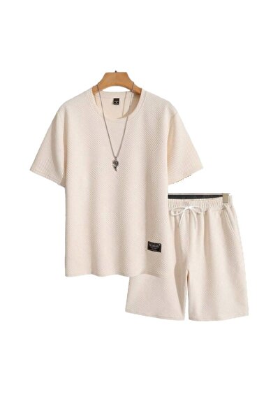 The Casius. Men's set consisting of a t-shirt and shorts, textured material, size L, cream color