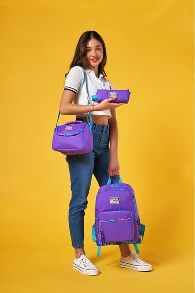 Coral High Patterned 3-Piece School Bag Set Set Backpack Lunch Bag Pen Holder