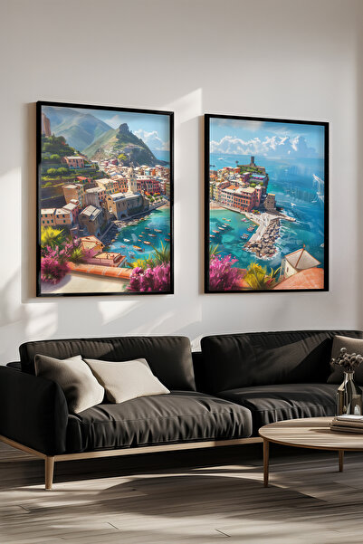 STARYUNA Pictură în ulei cu vedere la Cinque Terre, Italia, cu efect de pictu...