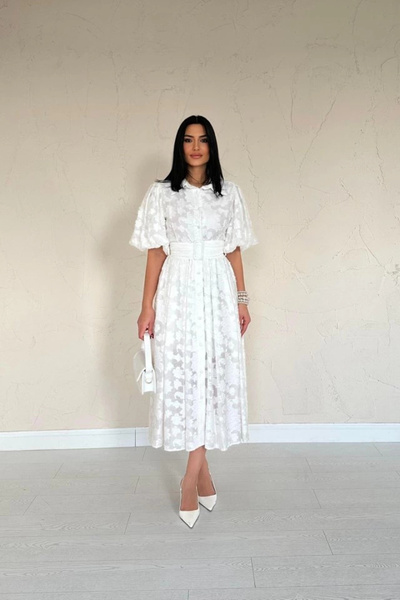 anizmir Ecru Belted Balloon Sleeve Dress