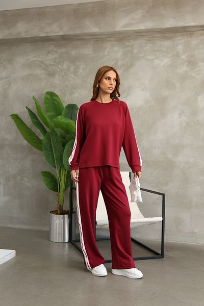 sportiness Wide Leg Modal Fabric Tracksuit Set with Piping Stripe Detail