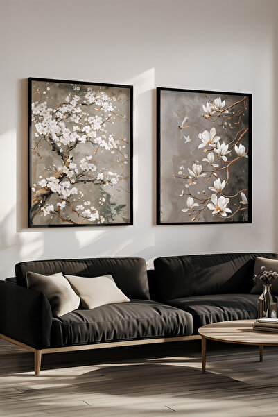 STARYUNA Beyaz Çiçekli Ağaç ve Kuş Desenli Yağlıboya Efektli Siyah Ahşap Çerç...