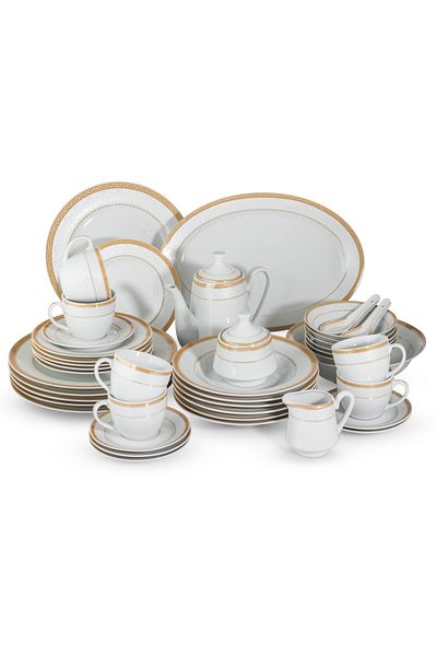 Dania 49-piece porcelain dinner set, white with gold line, serves 6 people