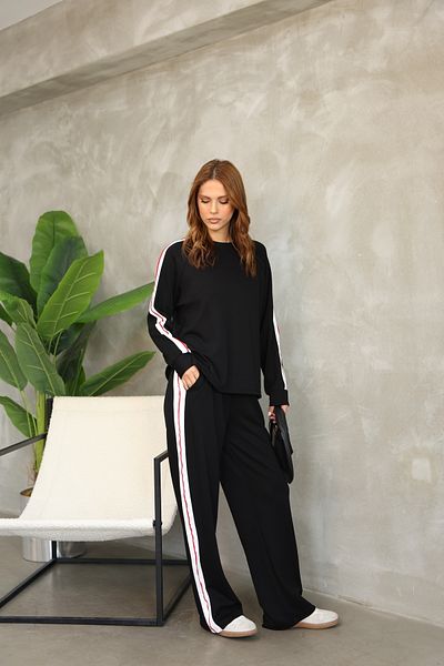sportiness Wide Leg Modal Fabric Tracksuit Set with Piping Stripe Detail