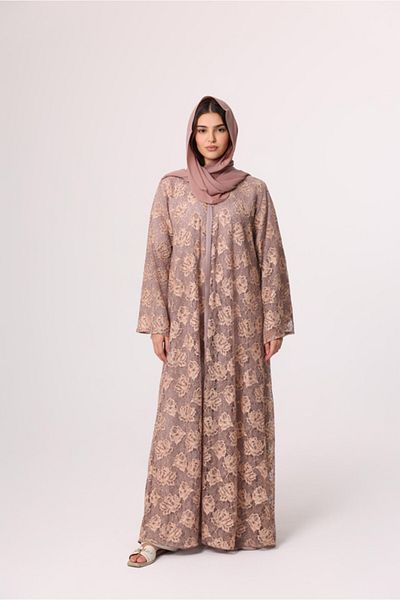 IKKXA Floral Lace Design Layered Colored Abaya
