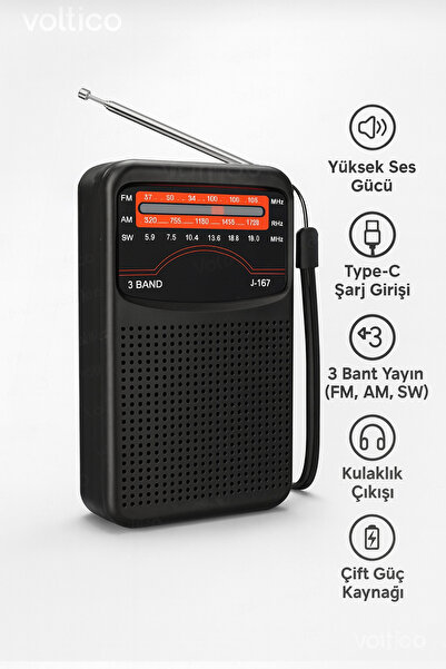 Voltico Taşınabilir 3 Bant Radyo – J-167 Modeli,Kulaklık Girişli, Type-C Şarj...