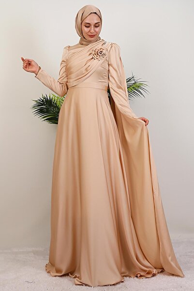 GİYZAMİLA Alaz Saten Gül Abiye Sütlükahve