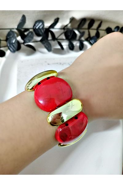 mos&more Red Beaded Gold Stylish Elastic Bracelet, Bracelet