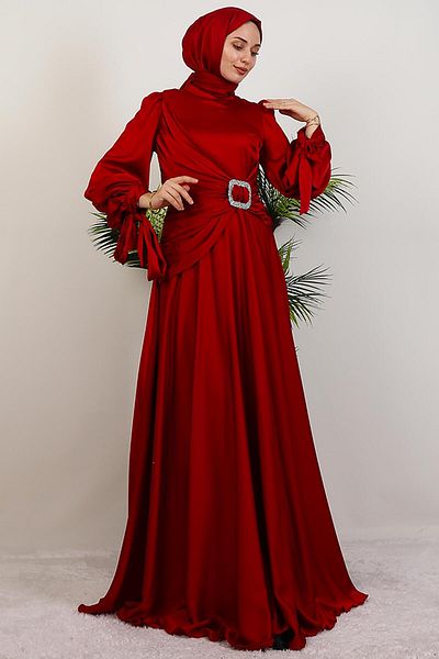 GİYZAMİLA Front Stone Buckle Dress Burgundy
