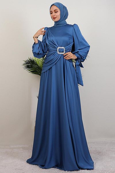 GİYZAMİLA Indigo Dress with Stone Buckle on the Front