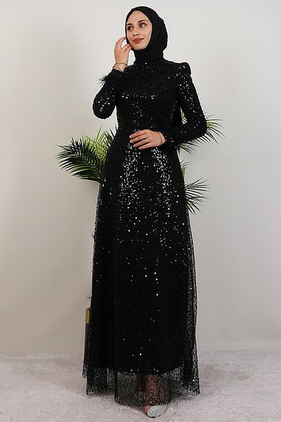 GİYZAMİLA Feather Sequin Dress Black
