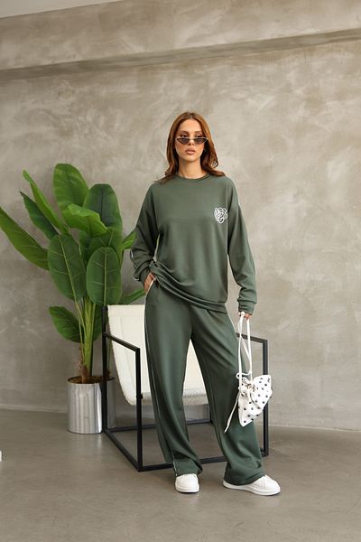 sportiness Floral Patterned Piping Oversize Wide Leg Modal Fabric Tracksuit Set