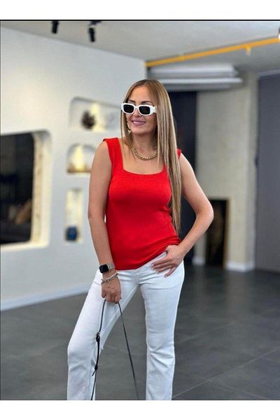 modamtn Square Neck Thick Straps White Knitwear Blouse