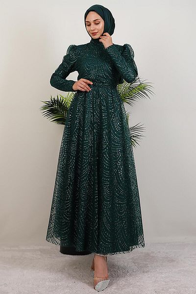 GİYZAMİLA Lumina Glitter Evening Dress Emerald