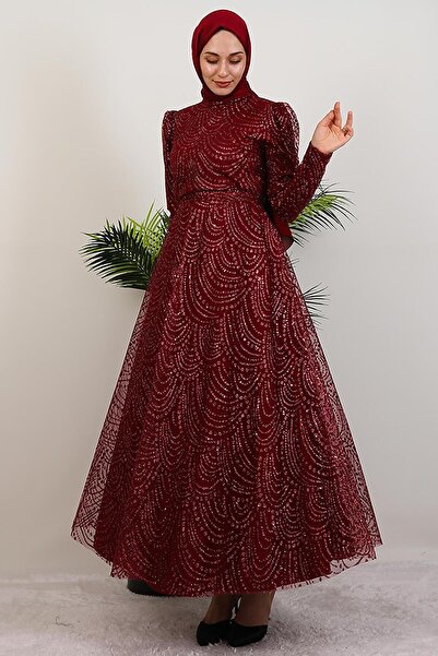 GİYZAMİLA Lumina Simli Abiye Bordo