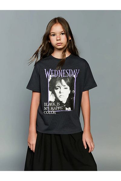 LC Waikiki Lcw Kids Gray Crew Neck Wednesday Printed Girl's T-Shirt