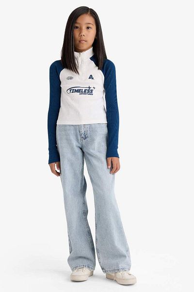 DeFacto New Season Girls' Fitted Stand Collar Zippered Printed Ribbed Camisole Long Sleeve