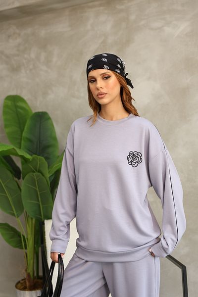 sportiness Floral Patterned Piping Oversize Wide Leg Modal Fabric Tracksuit Set