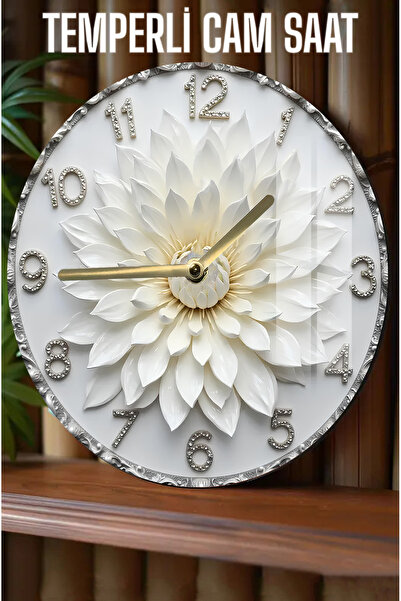 kutuTR Beyaz Çiçek Desenli 3D Görünümlü Temperli Cam Saat – 33 cm CSDW277