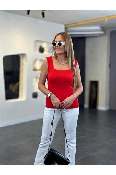 modamtn Square Neck Thick Straps White Knitwear Blouse