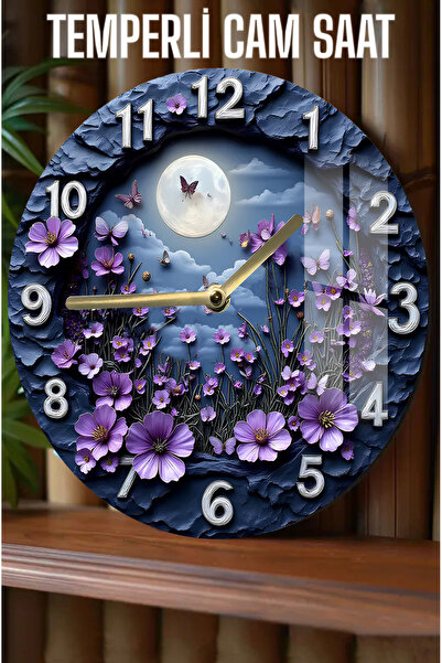 kutuTR Mor Çiçekler ve Ay Temalı Dayanıklı, Modern Dekor! 3D Görünümlü Temper...