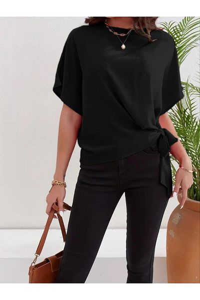 modamtn Women's Short Sleeve Crew Neck Side Tie Aerobin Blouse