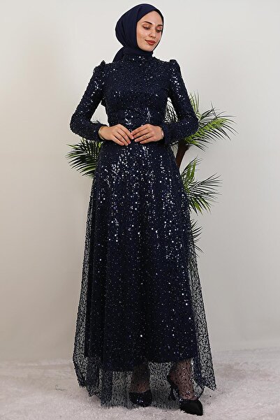 GİYZAMİLA Φόρεμα με πούπουλα με παγιέτες Navy Blue