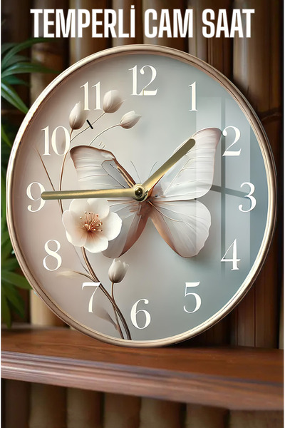kutuTR Kelebek ve Çiçek Desenli 3D Görünümlü Temperli Cam Saat – 33 cm CSDW276
