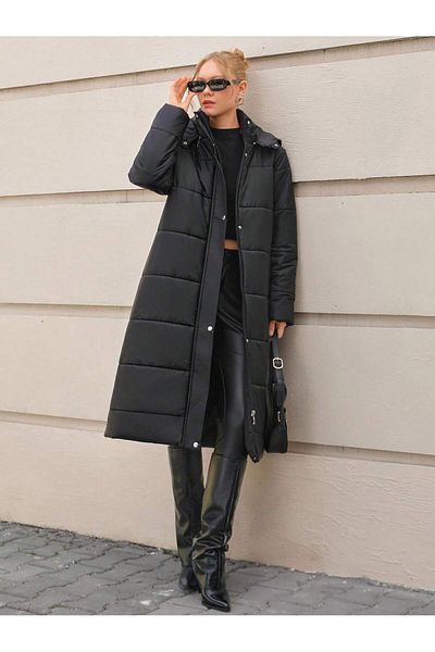 SERBA Ray Pattern Detachable Hood Long Women's Quilted Coat