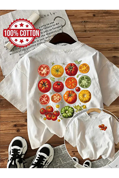 İSMTEXS Sıfır Yaka Ünisex Basik Kısa Kollu Domates Baskı Temalı Baskılı Penye T-Shirt