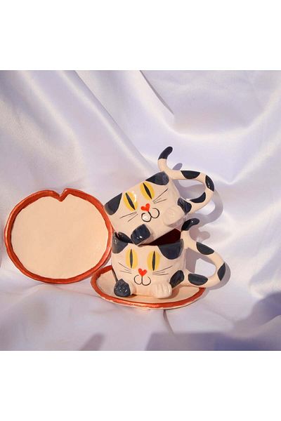 Lily & Loly Ceramics Black and White Colored Cat Patterned Turkish Coffee with Cat - Handmade Ceramic Cup and Saucer Single
