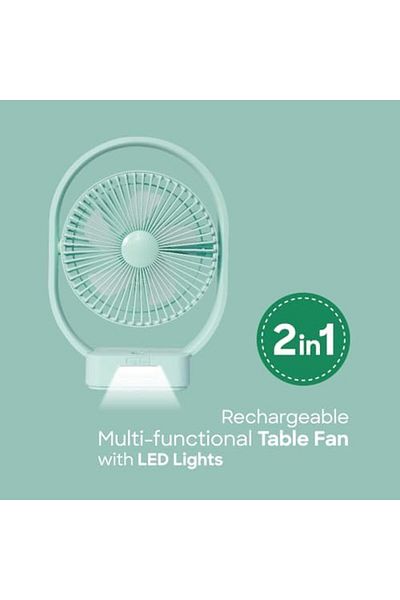 Sanford Rechargeable Mini Table Fan with LED Lights – 3600mAh Battery, 15H Fan / 32H LED Runtime,