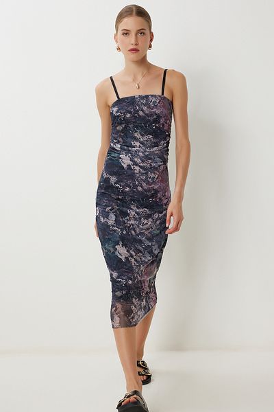 Lovelyİstanbul Draped Patterned Tulle Dress with Straps Lan0049 Anthracite