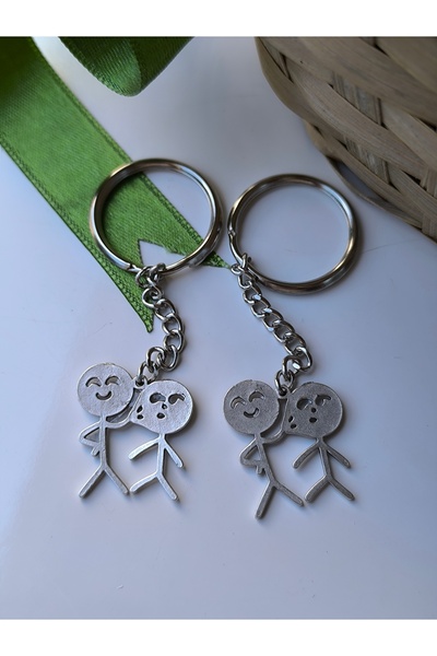 Esey Dizayn Çöp Adam Çift Anahtarlık - 2 Adet Zarf ve Kart - MİNİ BOY İnce ve...