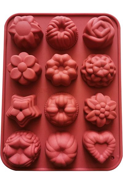 Generic Multi-Purpose Silicone Baking Mold with 12 Cavity Decorative Heart and Flower Patterns for Cakes