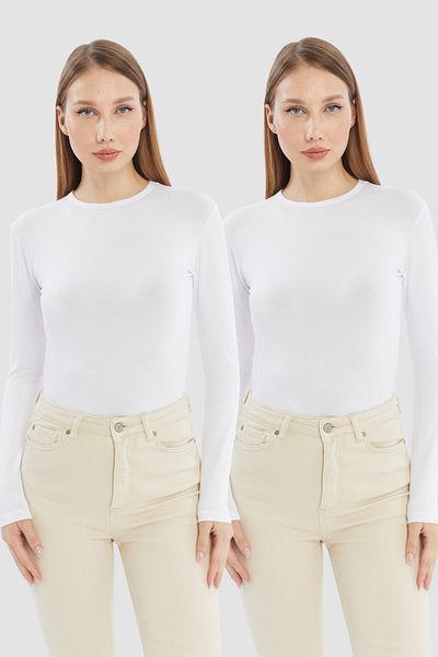 LAENT Women's White Round Neck 2-Piece Bodysuit