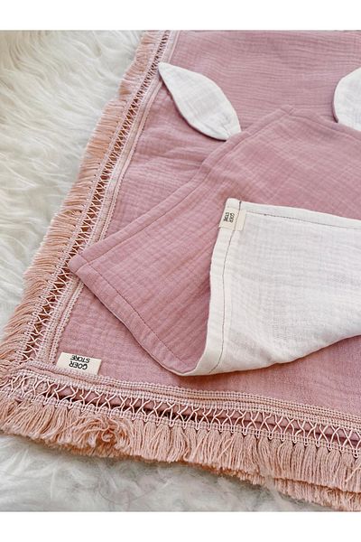 GOER STORE Rabbit Detailed Dusty Rose Muslin Cover-Neck Collar-Mouth Wipe Set of 3