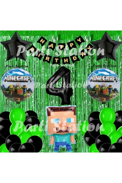 Parti Station مجموعة بالونات Minraft لعمر 4 سنوات من Maynkraf Game Green Conc...
