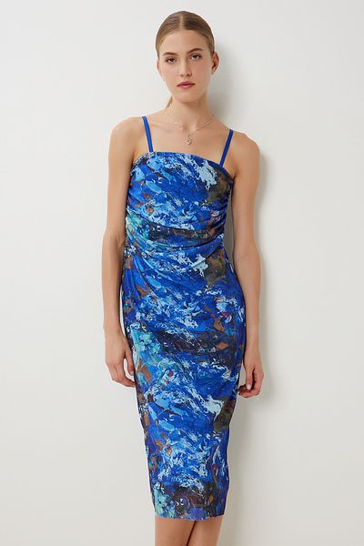 Lovelyİstanbul Draped Patterned Tulle Dress with Strap Lan0049 Dark Blue