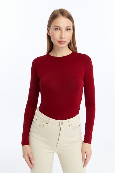 LAENT Women's Burgundy Oil Green Round Neck 2-Piece Bodysuit