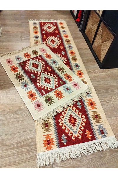 OEM 1+1 set of traditional, woven, jute, double-sided rugs, 80x200cm+60x90cm red and cream, ROMB model