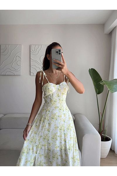 Zoom Butik Floral Pattern Shoulder Tie Dress - Yellow