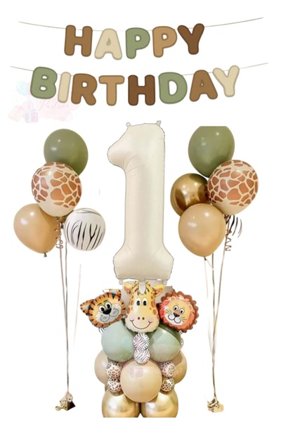 BİDOLUMUTLULUK Safari Desenli Doğum Günü Konsepti Parti Kutlama Eğlence Seti Tüm Yaşlar