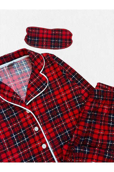 Fil Kids Girls' Cotton Fabric Suede Red Plaid Pattern White Piping Sleep Band Shirt Collar Pajama Set