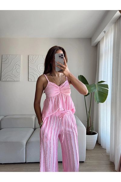 Zoom Butik Double Breasted Strap Blouse & Trousers Set - Pink