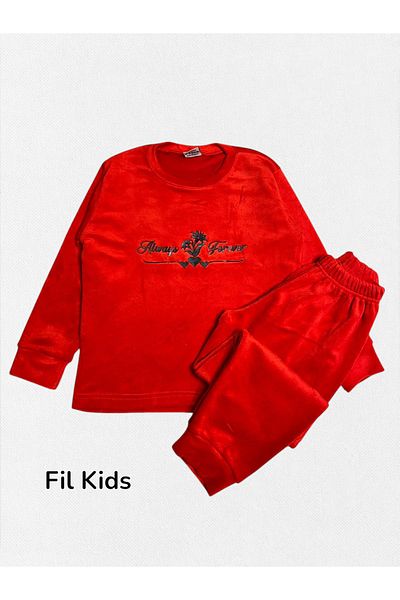 Fil Kids Girls' Cotton Velvet Fabric Red Always Forever Patterned Winter Mother-Daughter Pajamas Set