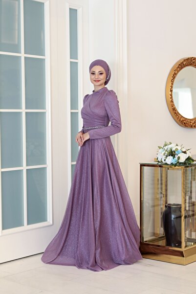 miss newal Işıl Büyük Beden Renkli Kumaş Taşlı Tesettür Abiye Lavanta