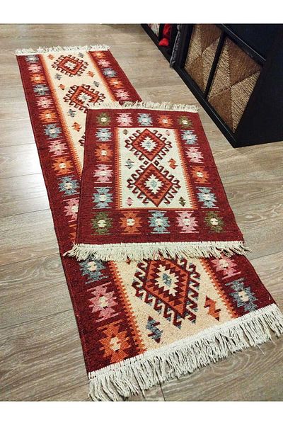 OEM 1+1 set of traditional, woven, jute, double-sided rugs, 80x200cm+60x90cm red and cream, ROMB model